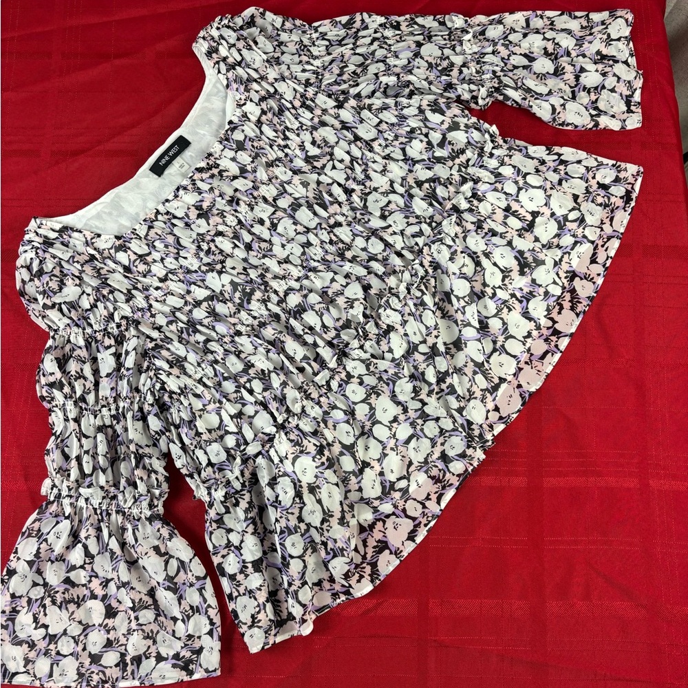 Nine West Smocked Black and White 3/4 Sleeve Blouse